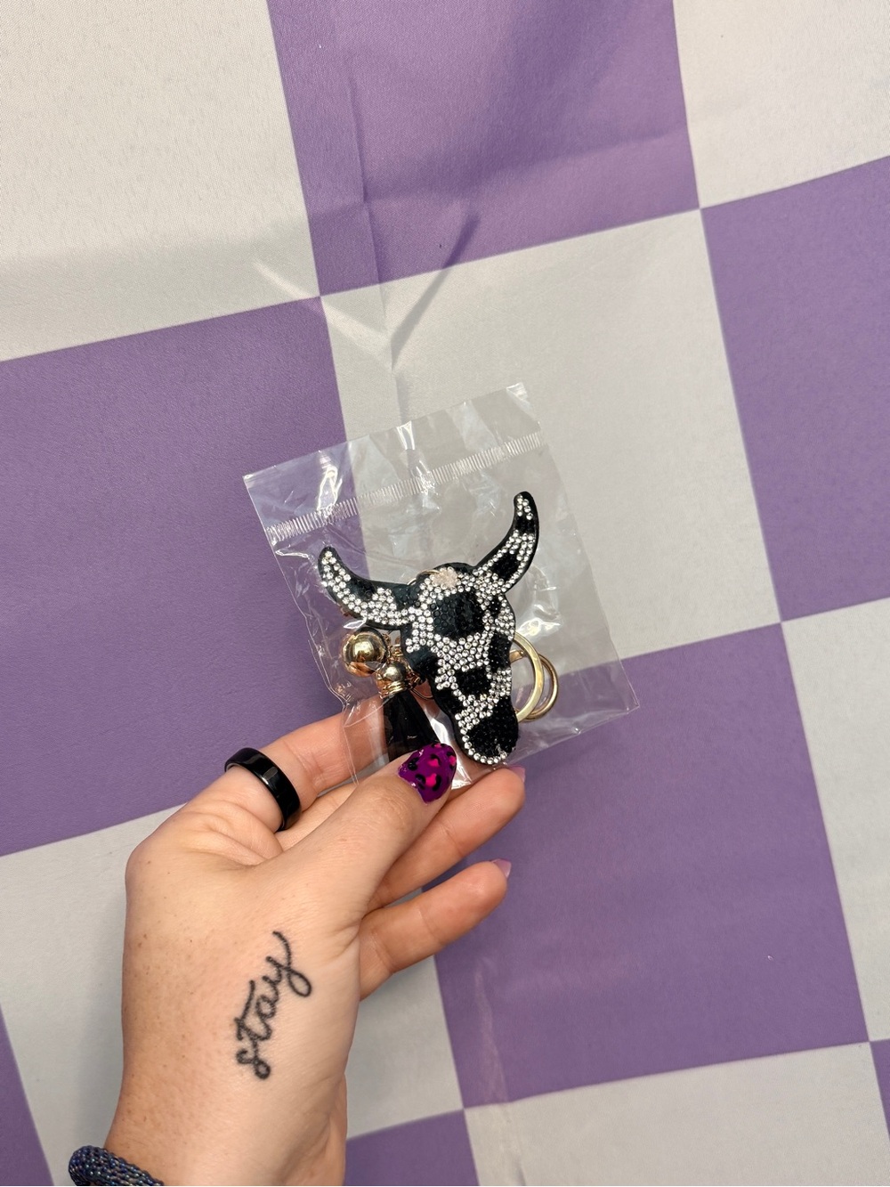 Rhinestone Cow Skull Keychain Charm - Black